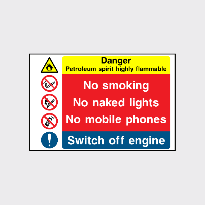 No Smoking No Naked Lights No mobile phones Switch off engine sign