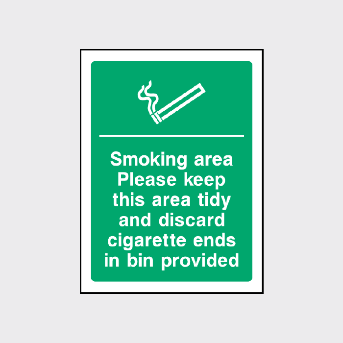 Smoking Area Please keep this area tidy and discard cigarette ends in the bin provided sign