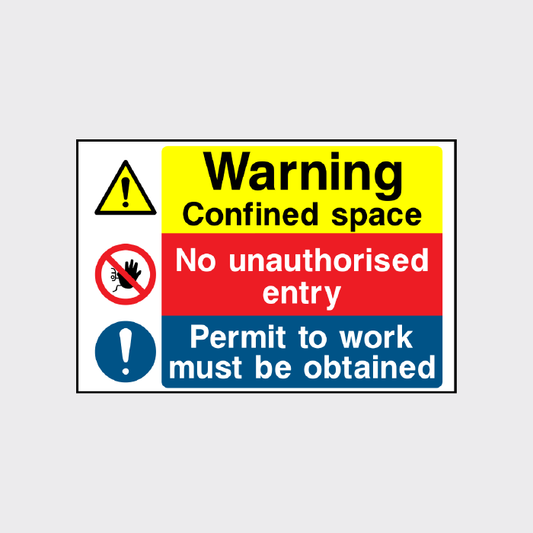 Warning - Confined space - No unauthorised entry - Permit to work needed sign