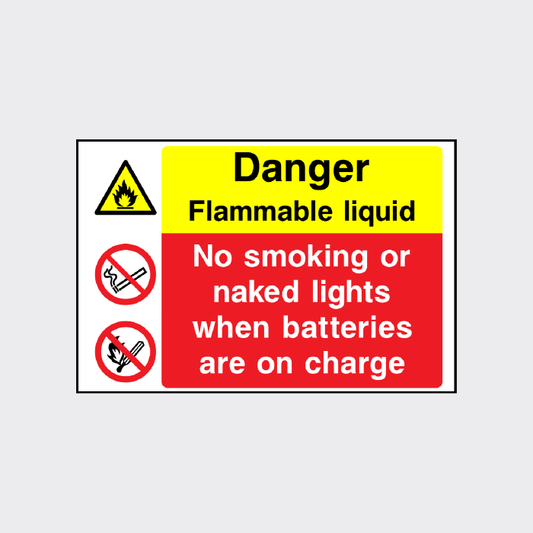 Danger flammable liquid - No smoking or naked lights when batteries are on charge sign