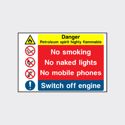 No Smoking - No Naked Lights - No mobile phones - Switch off engine sign